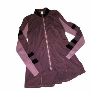 XCVI Sz M Maroon Rayon Silk Blend Full Zip Hi Low Mixed Textures Sweater Jacket